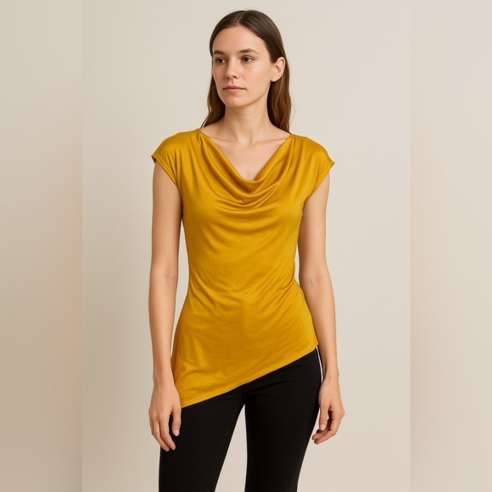 Cache Silk Stretch Gold Asymmetric Drape Top Cowl Neck—Size Small